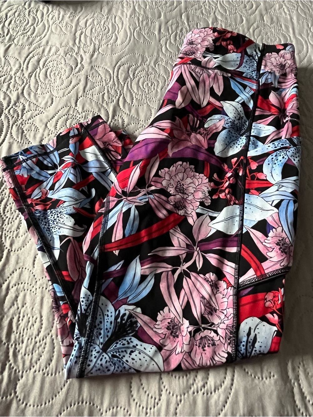 lululemon athletica Black Floral Print Leggings with Pink, Red & Blue Accents